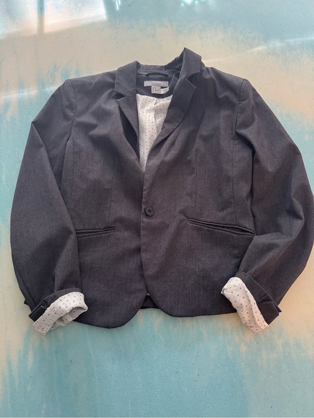 Dark Gray Single-Button Blazer with Polka Dot Lining